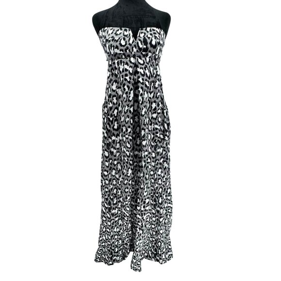 Diane Von Furstenberg Krystle Spotted Cat Strapless Maxi Dress NEW L Black White - Picture 1 of 8